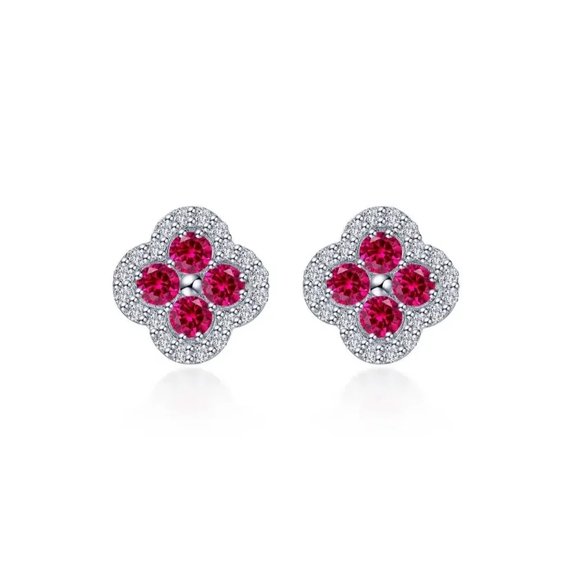 0.8 CTW Ruby Flower Halo Stud Earrings