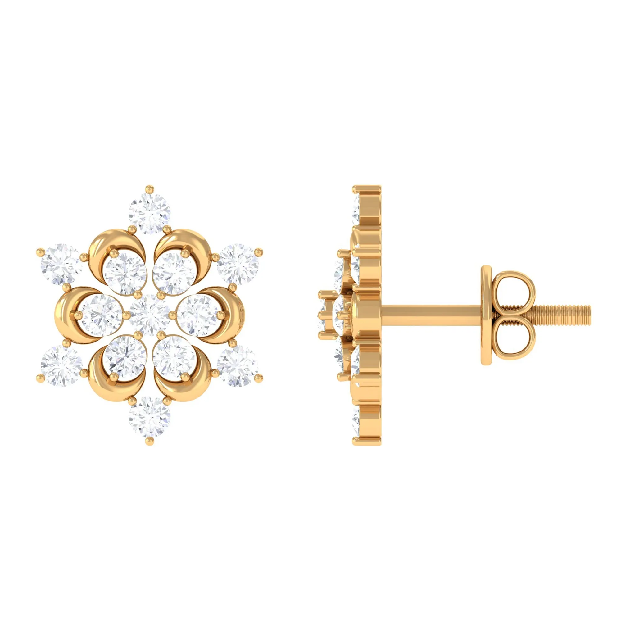 1 CT Diamond and Gold Snowflake Statement Stud Earrings