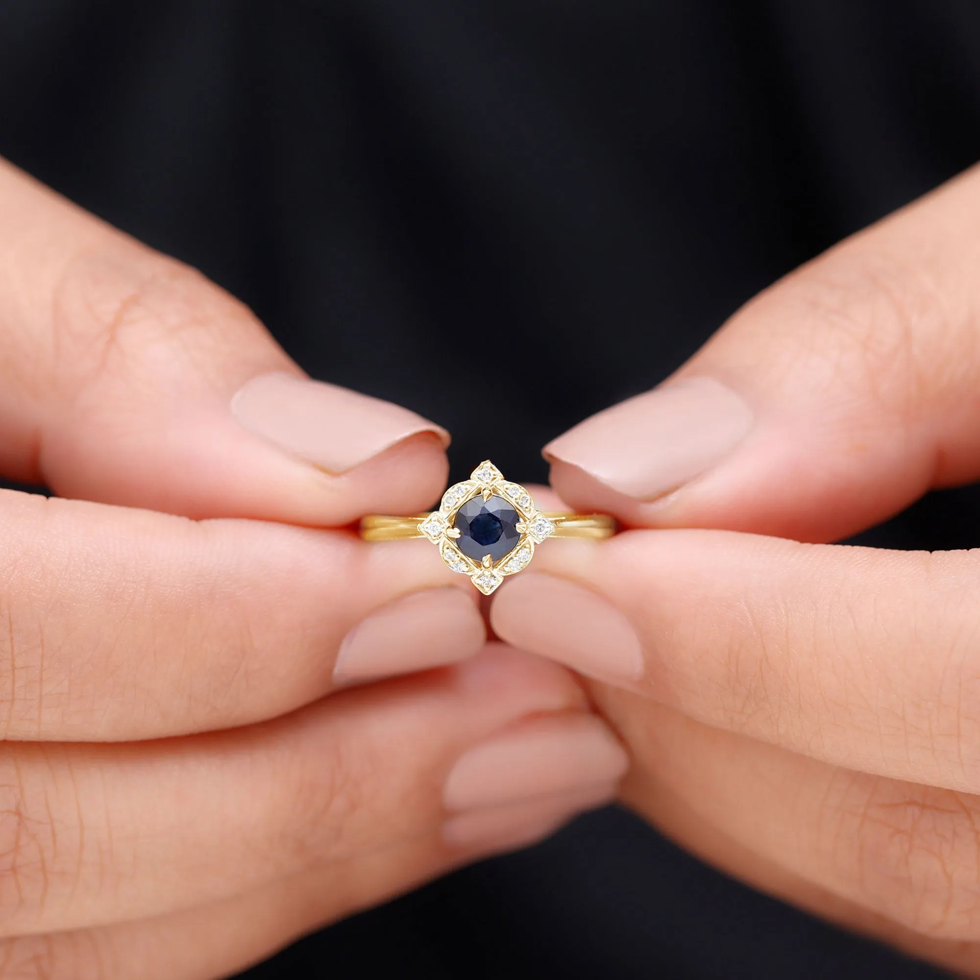 1 CT Vintage Blue Sapphire and Diamond Engagement Ring