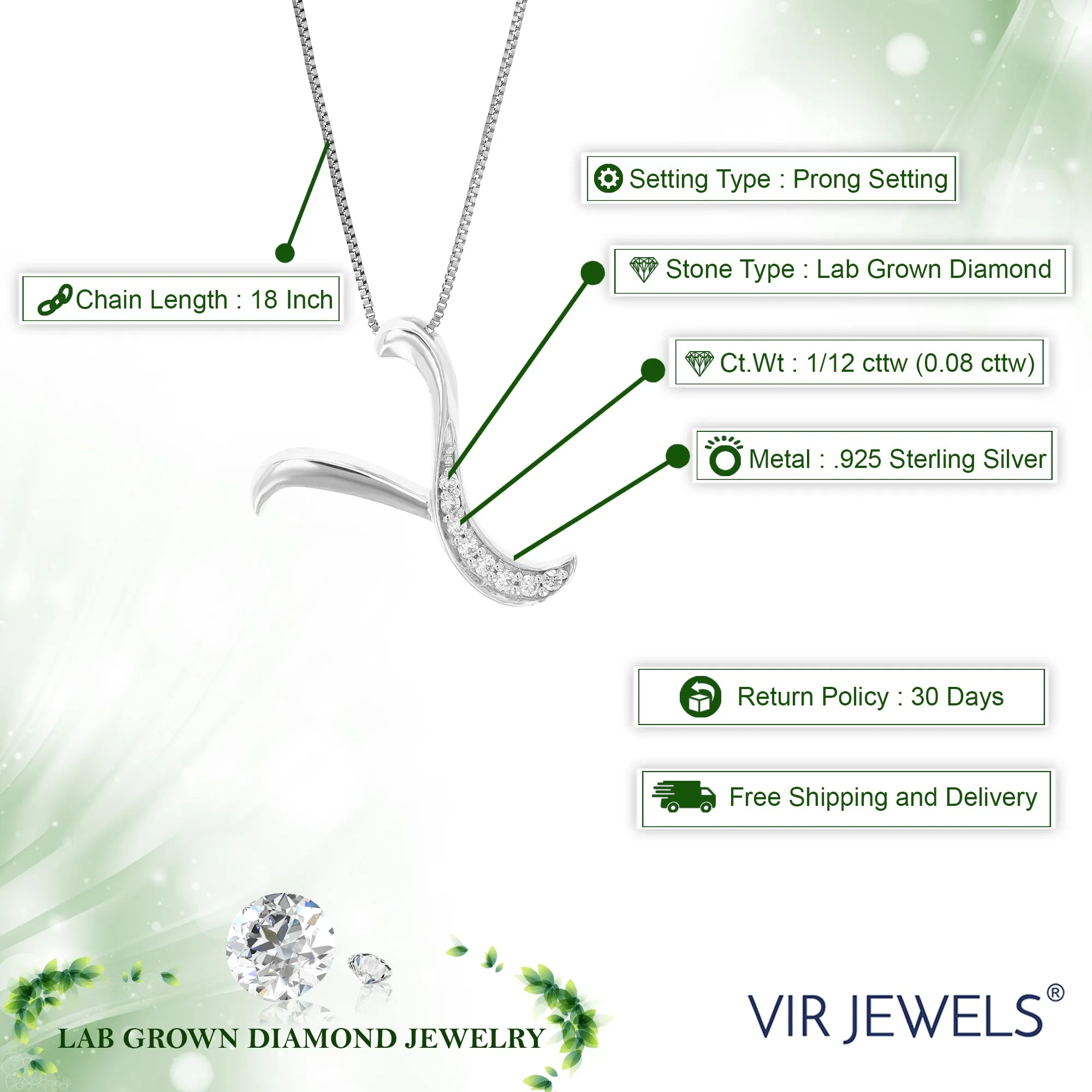 1/12 cttw Round Cut 8 Stones Lab Grown Diamond Pendant Necklace .925 Sterling Silver 2/3 Inch With 18 Inch Chain