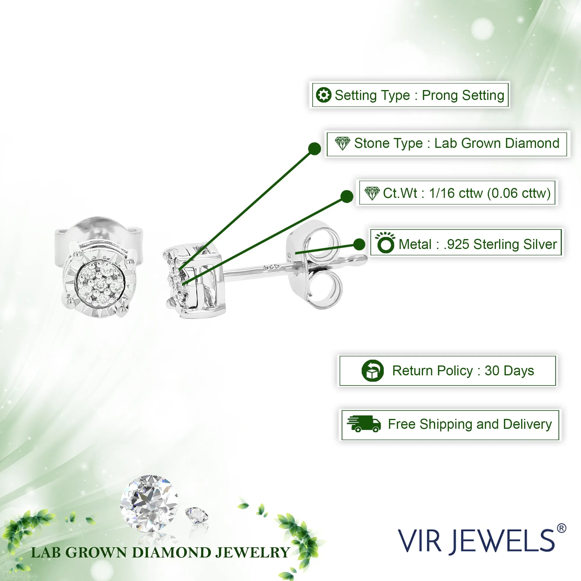 1/16 cttw 12 Stones Round Lab Grown Diamond Studs Earrings .925 Sterling Silver Prong Set Round Shape