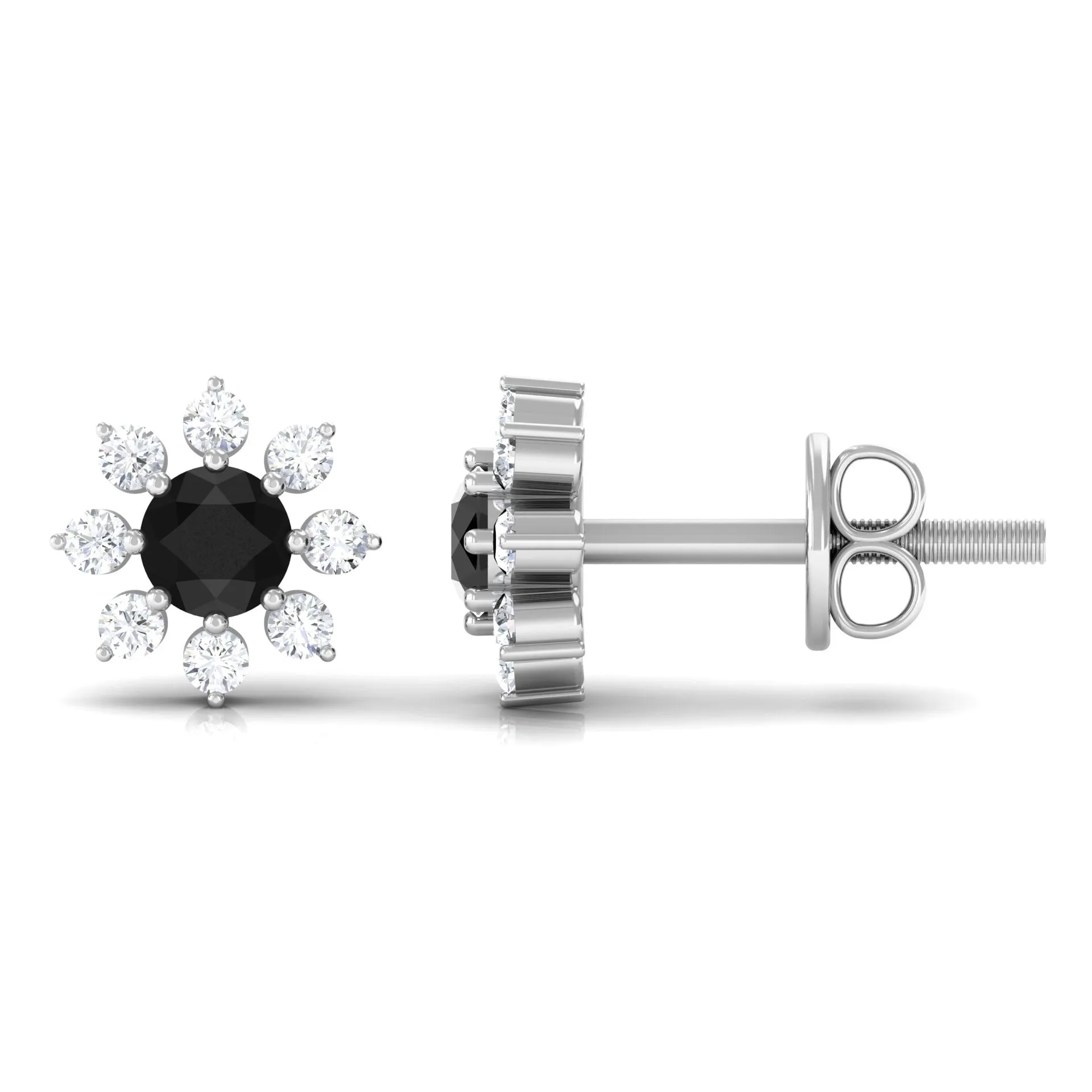 1/2 CT Round Shape Black and White Diamond Floral Stud Earring