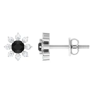 1/2 CT Round Shape Black and White Diamond Floral Stud Earring