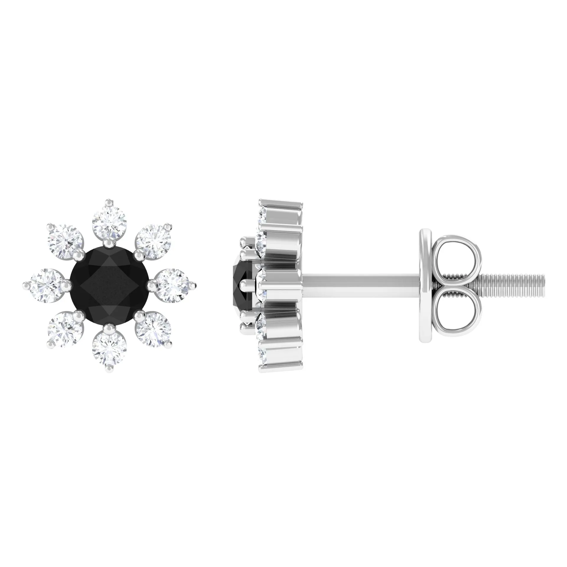 1/2 CT Round Shape Black and White Diamond Floral Stud Earring