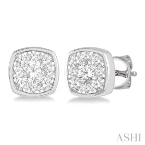 1/2 ctw Cushion Shape Round Cut Diamond Lovebright  Bezel Stud Earring in 14K White Gold