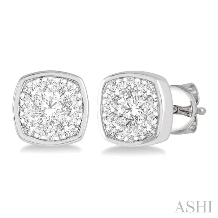 1/2 ctw Cushion Shape Round Cut Diamond Lovebright  Bezel Stud Earring in 14K White Gold