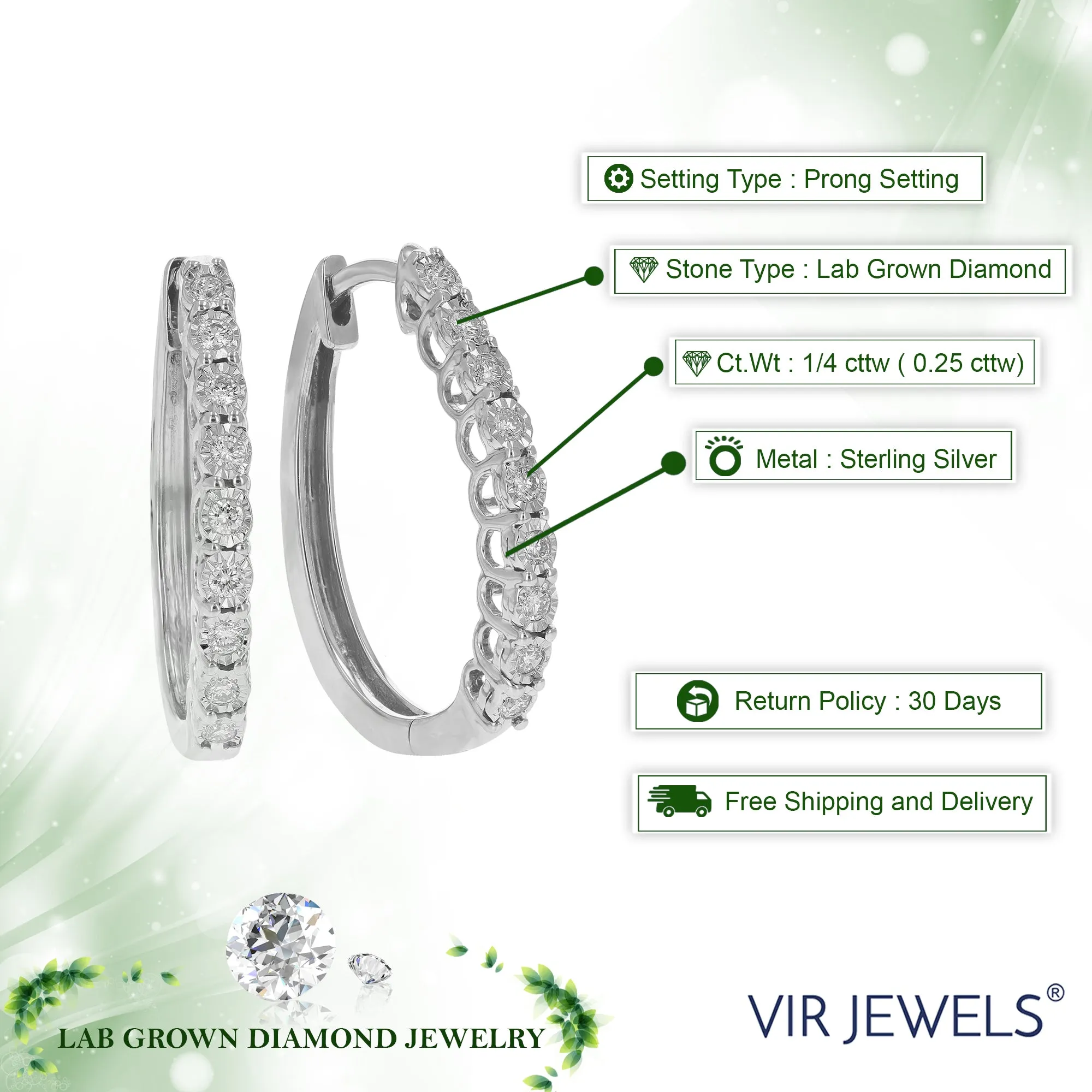 1/4 CT Round Cut Lab Grown Diamond Hoop Earrings in .925 Sterling Silver Prong Set 3/4 Inch