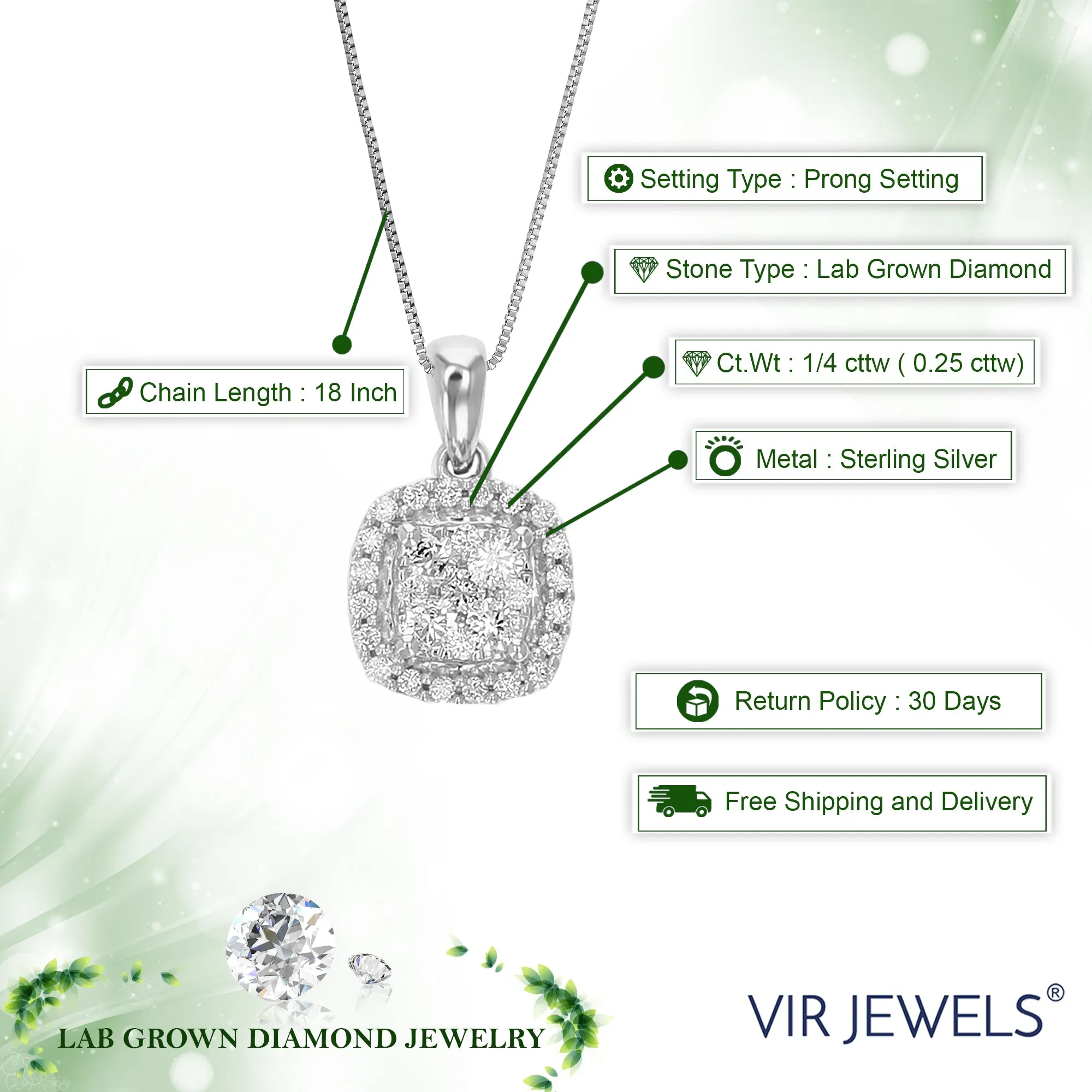 1/4 cttw Lab Grown Diamond Cushion Cluster Pendant Necklace .925 Sterling Silver 1/2 Inch with 18 Inch Chain