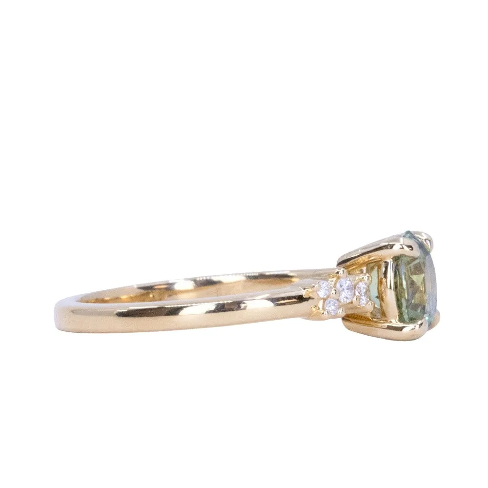 1.43ct Round Light Spring Green Montana Sapphire and Diamond Starry Night Low Profile Solitaire in 18k Yellow Gold