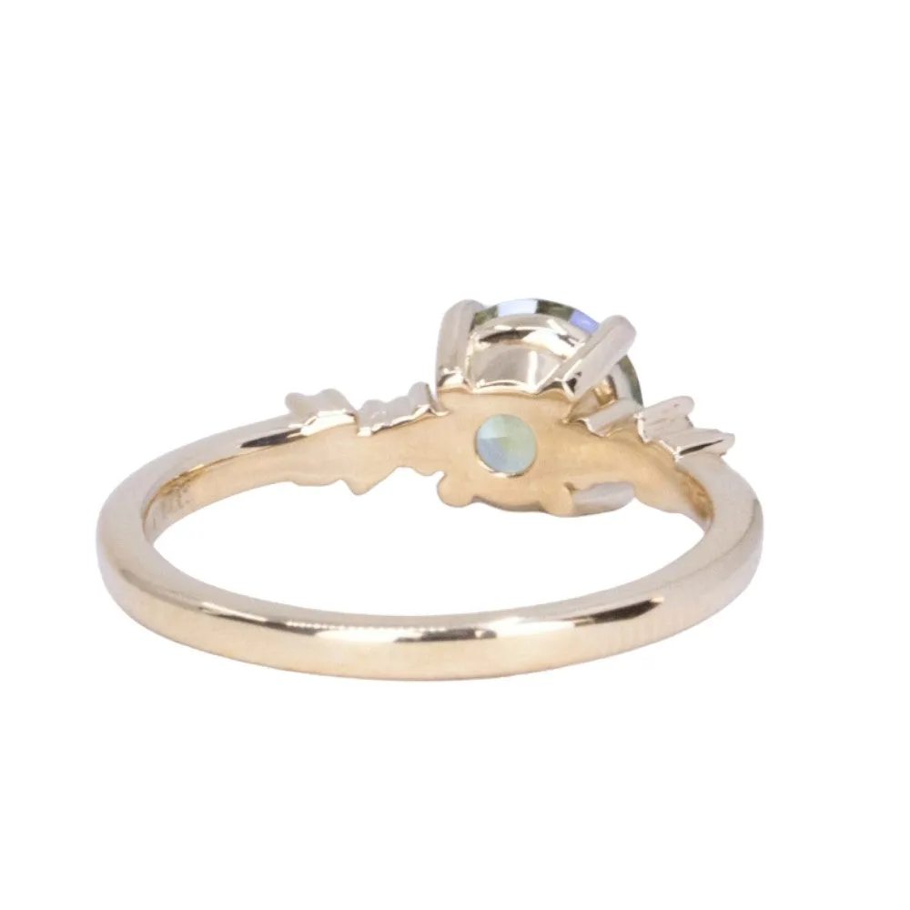 1.43ct Round Light Spring Green Montana Sapphire and Diamond Starry Night Low Profile Solitaire in 18k Yellow Gold