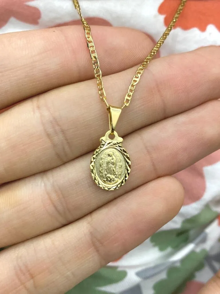 14K Gold Filled Virgen de Guadalupe Pendant Necklace Baby Girls Jewelry Kids Mariner Chain 16"