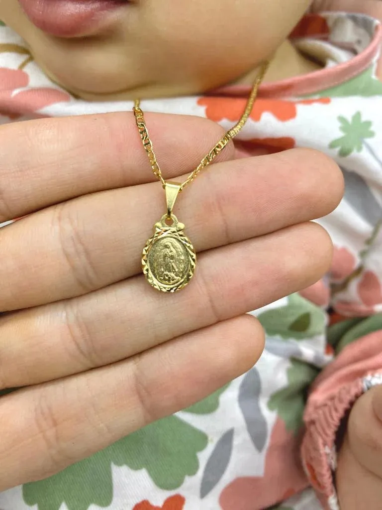 14K Gold Filled Virgen de Guadalupe Pendant Necklace Baby Girls Jewelry Kids Mariner Chain 16"