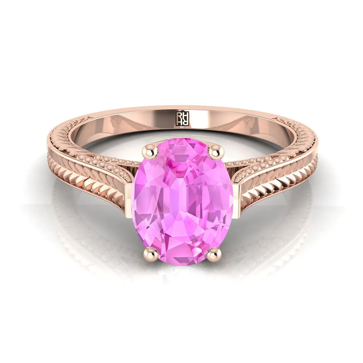 14K Rose Gold Oval Pink Sapphire Hand Engraved Vintage Cathedral Style Solitaire Engagement Ring