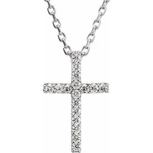 14K White .06 CTW Lab-Grown Diamond Petite Cross 16" Necklace