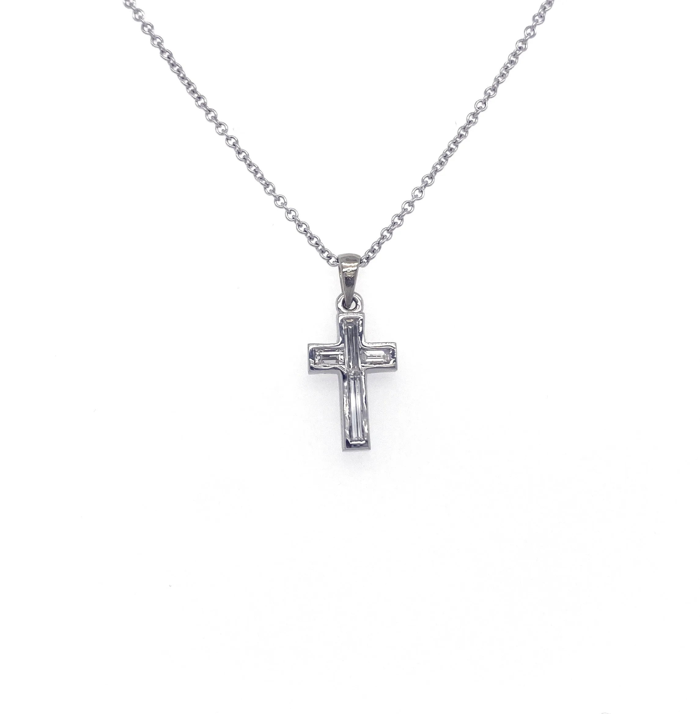 14K White Gold 0.49 CT Baguette Diamond Cross