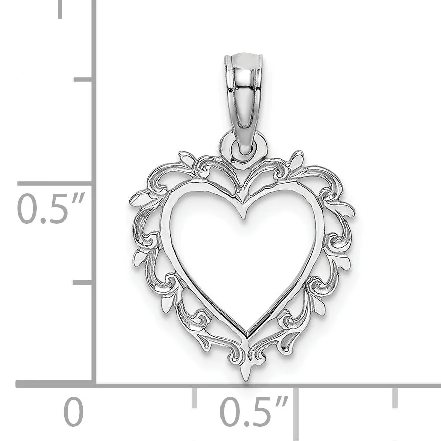 14K White Gold Heart Lace Trim Design Pendant