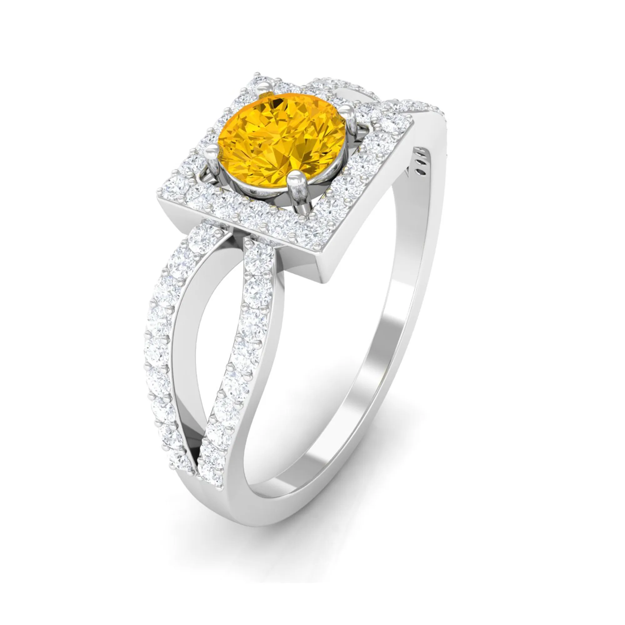 1.5 CT Split Shank Yellow Sapphire Engagement Ring with Diamond Accent