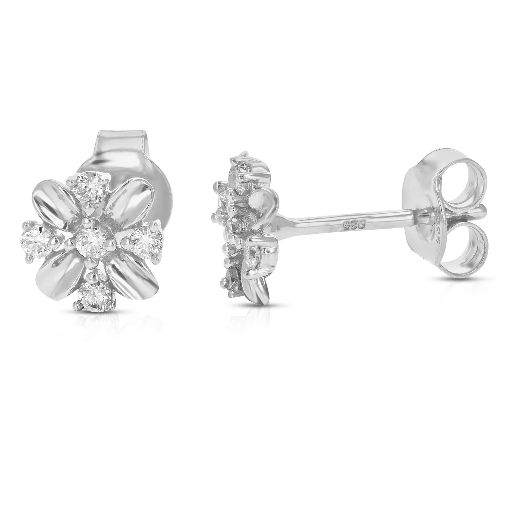 1/5 cttw Round Lab Grown Diamond Stud Earrings Flower Shaped .925 Sterling Silver Prong Set