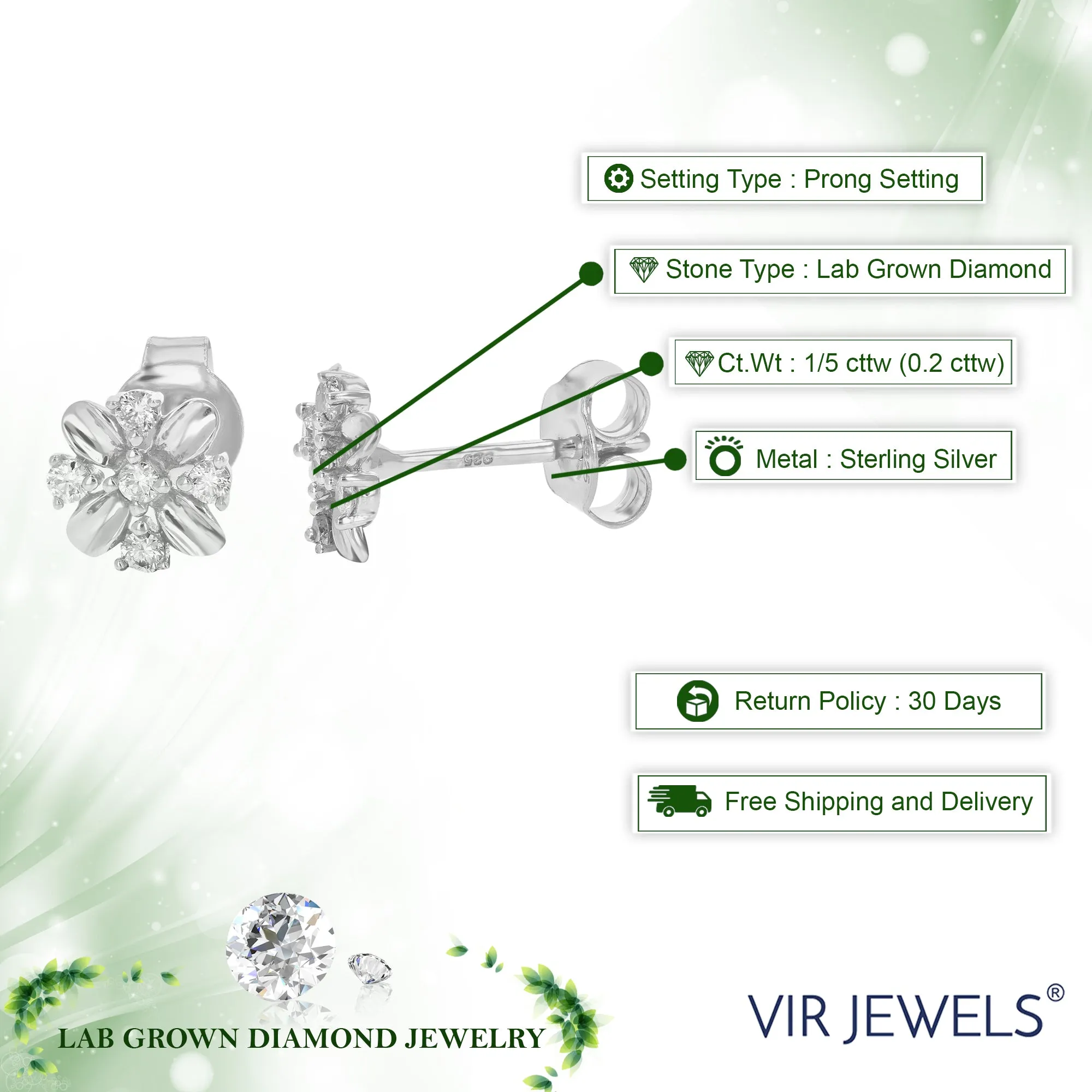 1/5 cttw Round Lab Grown Diamond Stud Earrings Flower Shaped .925 Sterling Silver Prong Set