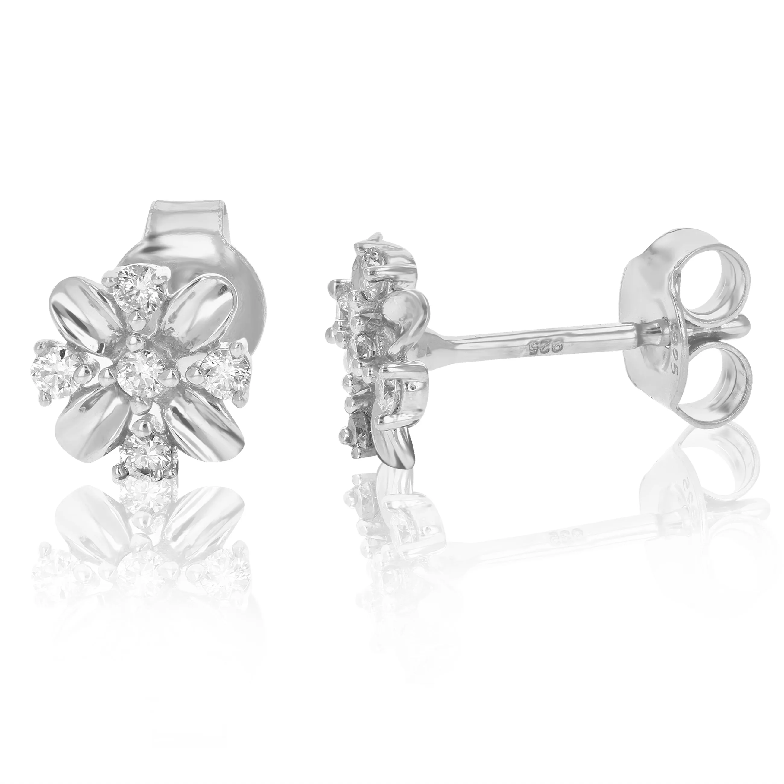 1/5 cttw Round Lab Grown Diamond Stud Earrings Flower Shaped .925 Sterling Silver Prong Set