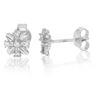 1/5 cttw Round Lab Grown Diamond Stud Earrings Flower Shaped .925 Sterling Silver Prong Set