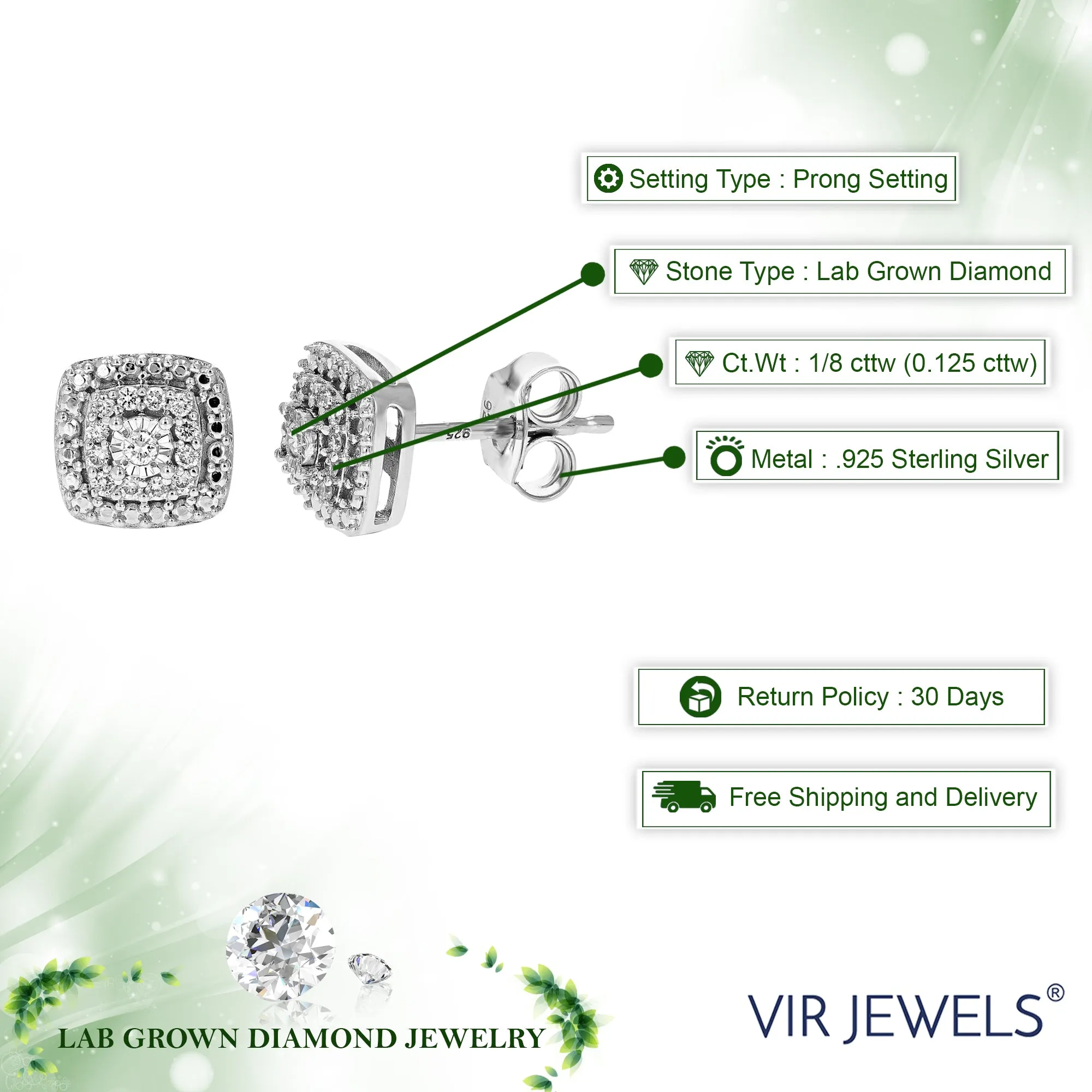 1/8 cttw Round Lab Grown Diamond Stud Earrings for Her .925 Sterling Silver Prong Settings