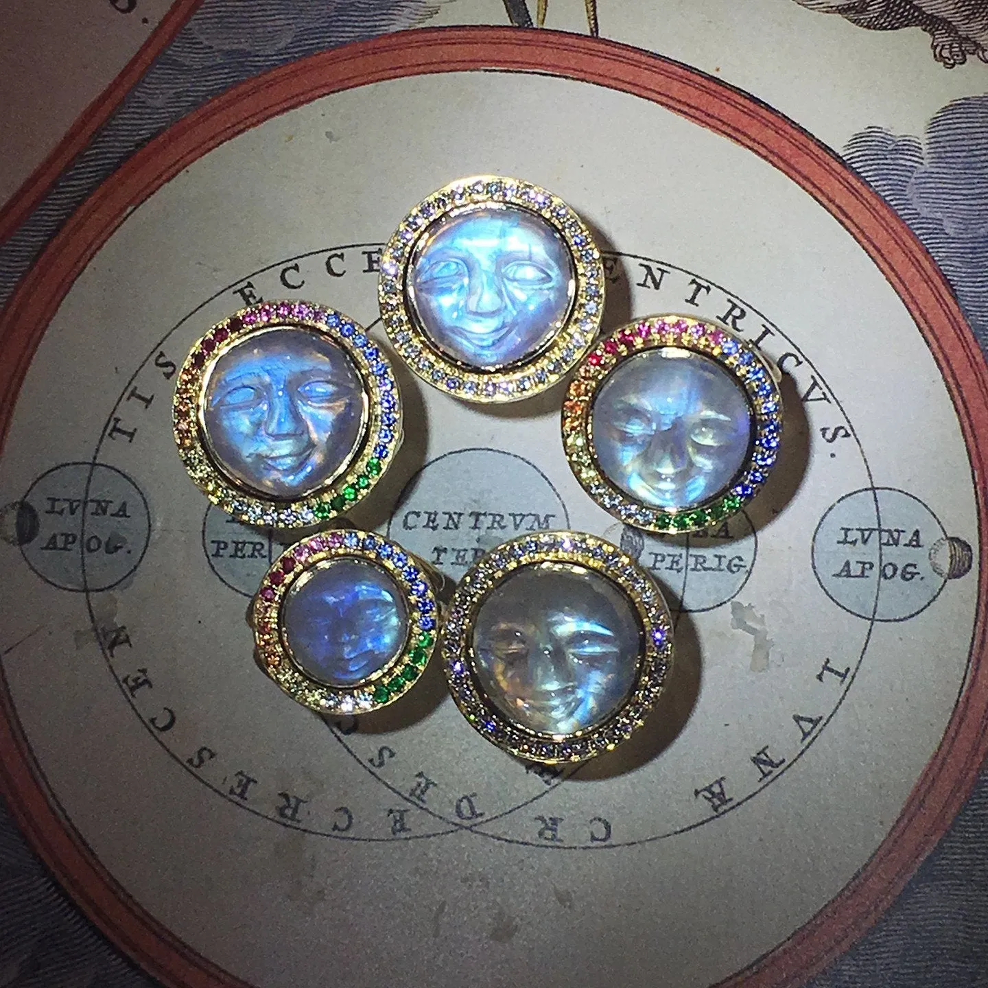 18K Astrid Ring with Blue Moonstone Face and mix color sapphire