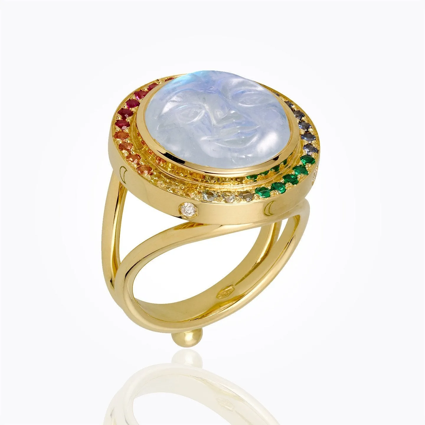 18K Astrid Ring with Blue Moonstone Face and mix color sapphire