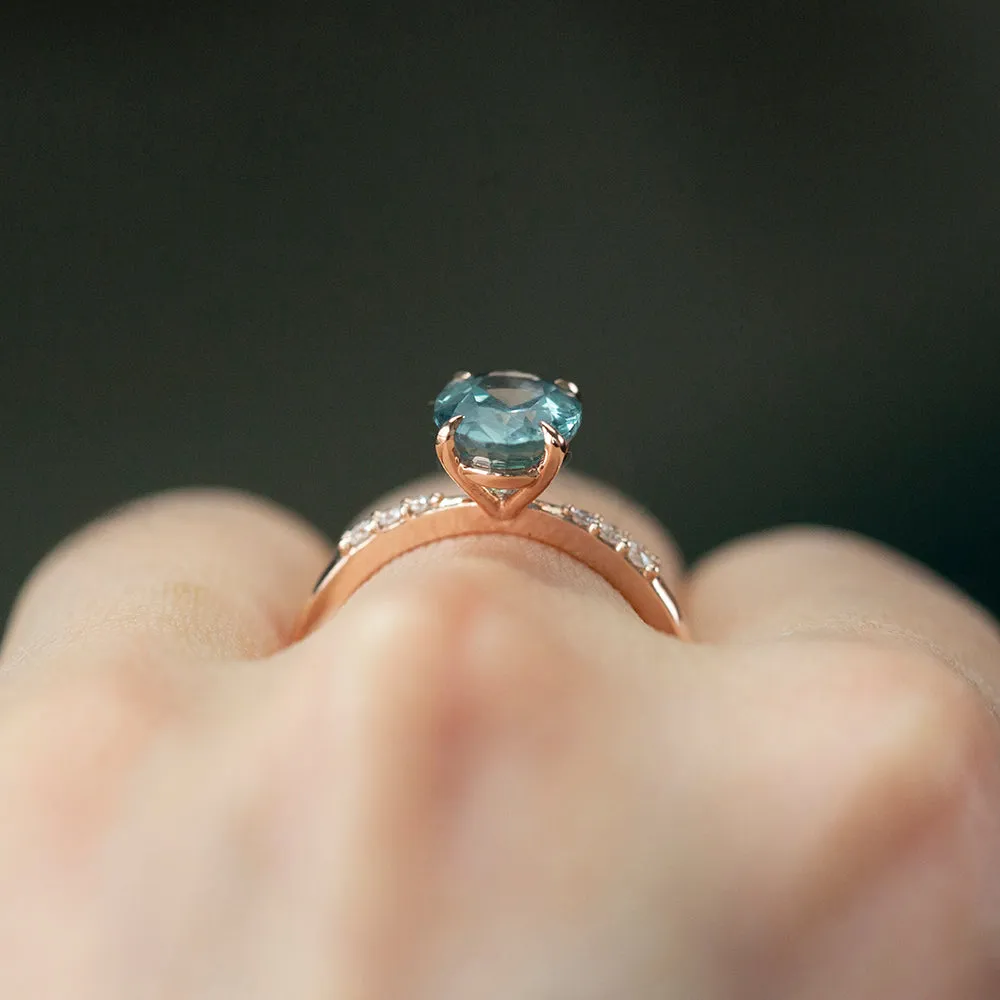 2.50ct Teal Montana Sapphire Solitaire with Tapered Diamonds in 14k Rose Gold