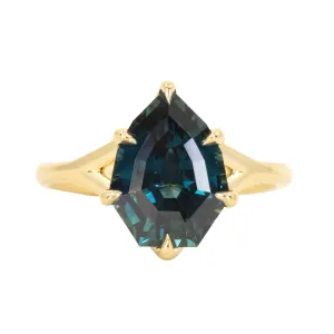 3.84ct Shield Blue Sapphire Six Prong Split Shank Solitaire in 18k Yellow Gold