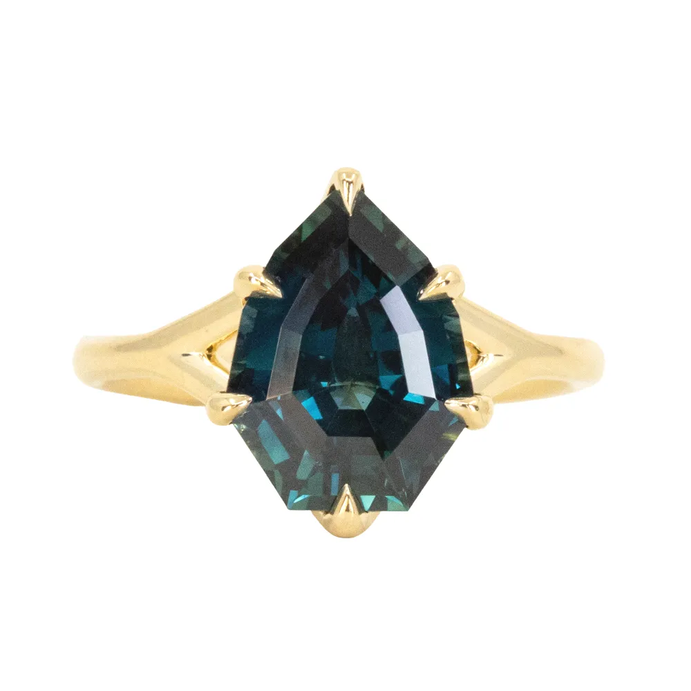 3.84ct Shield Blue Sapphire Six Prong Split Shank Solitaire in 18k Yellow Gold