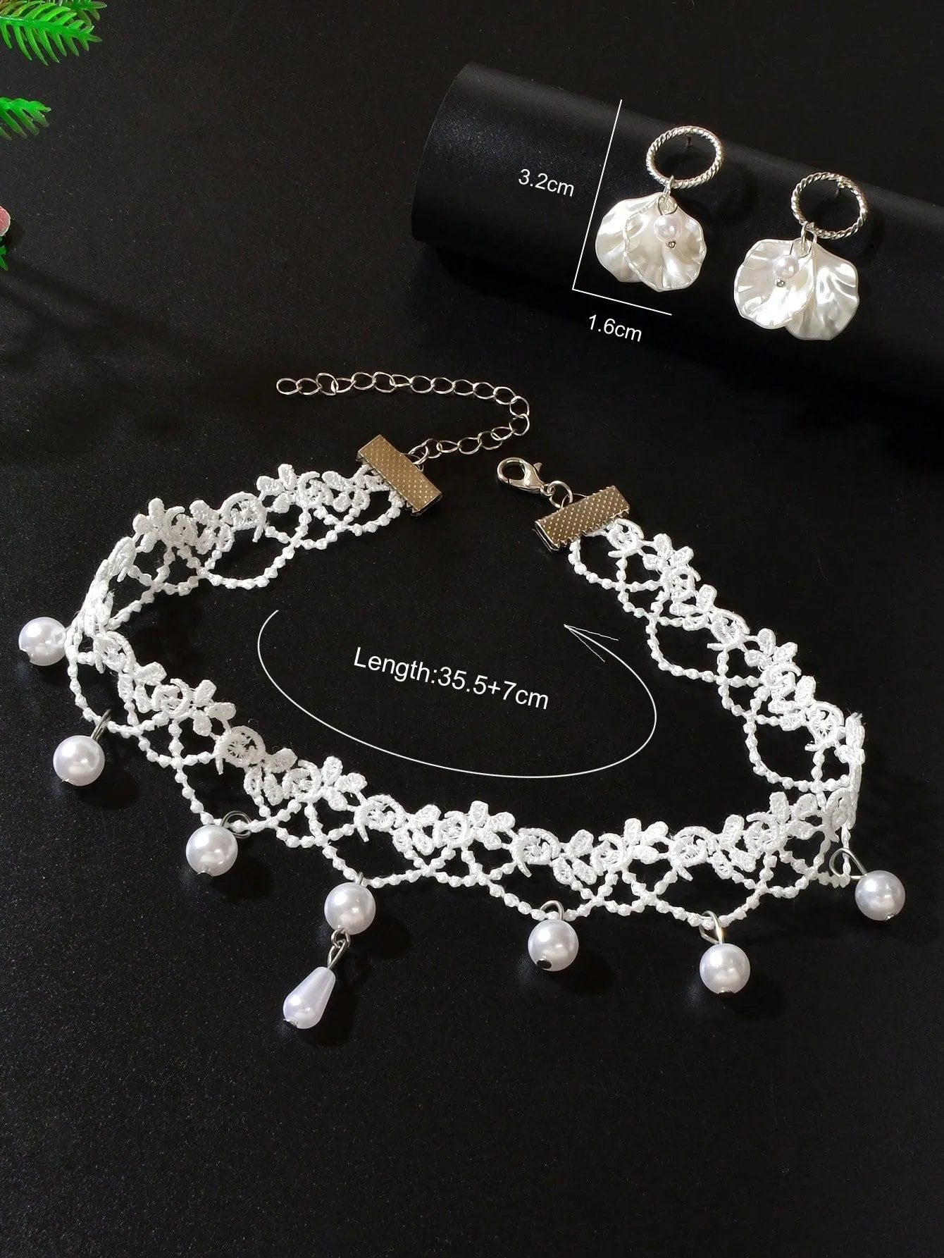 3pcs New Arrival White Lace Hollow Flower Choker Necklace Imitation Shell Stud Earrings Wedding Engagement Party Bridal Jewelry Set