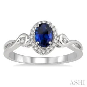 6x4 MM Oval Cut Sapphire and 1/10 Ctw Round Cut Diamond Ring in 10K White Gold