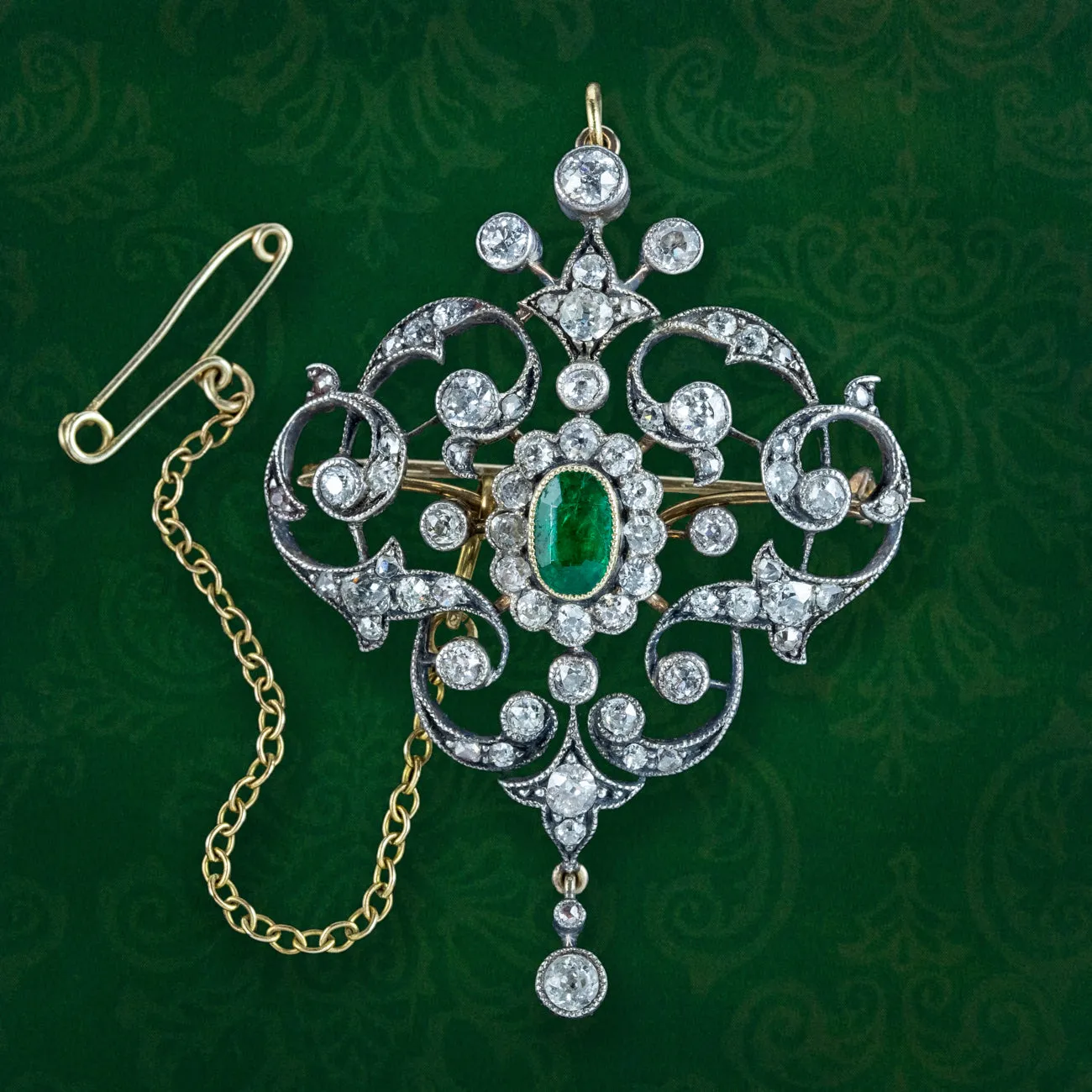 Antique Victorian Emerald Diamond Brooch Pendant