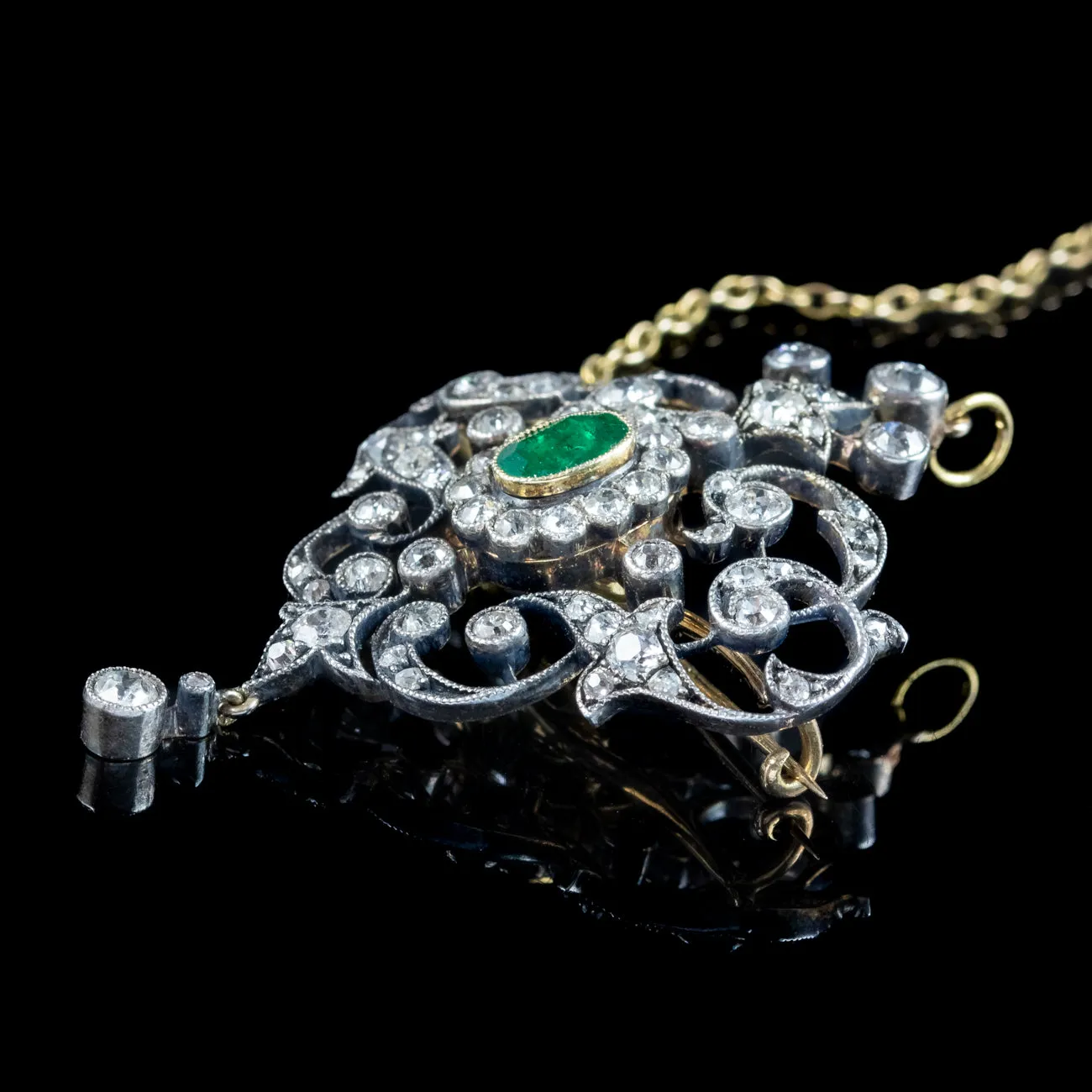 Antique Victorian Emerald Diamond Brooch Pendant