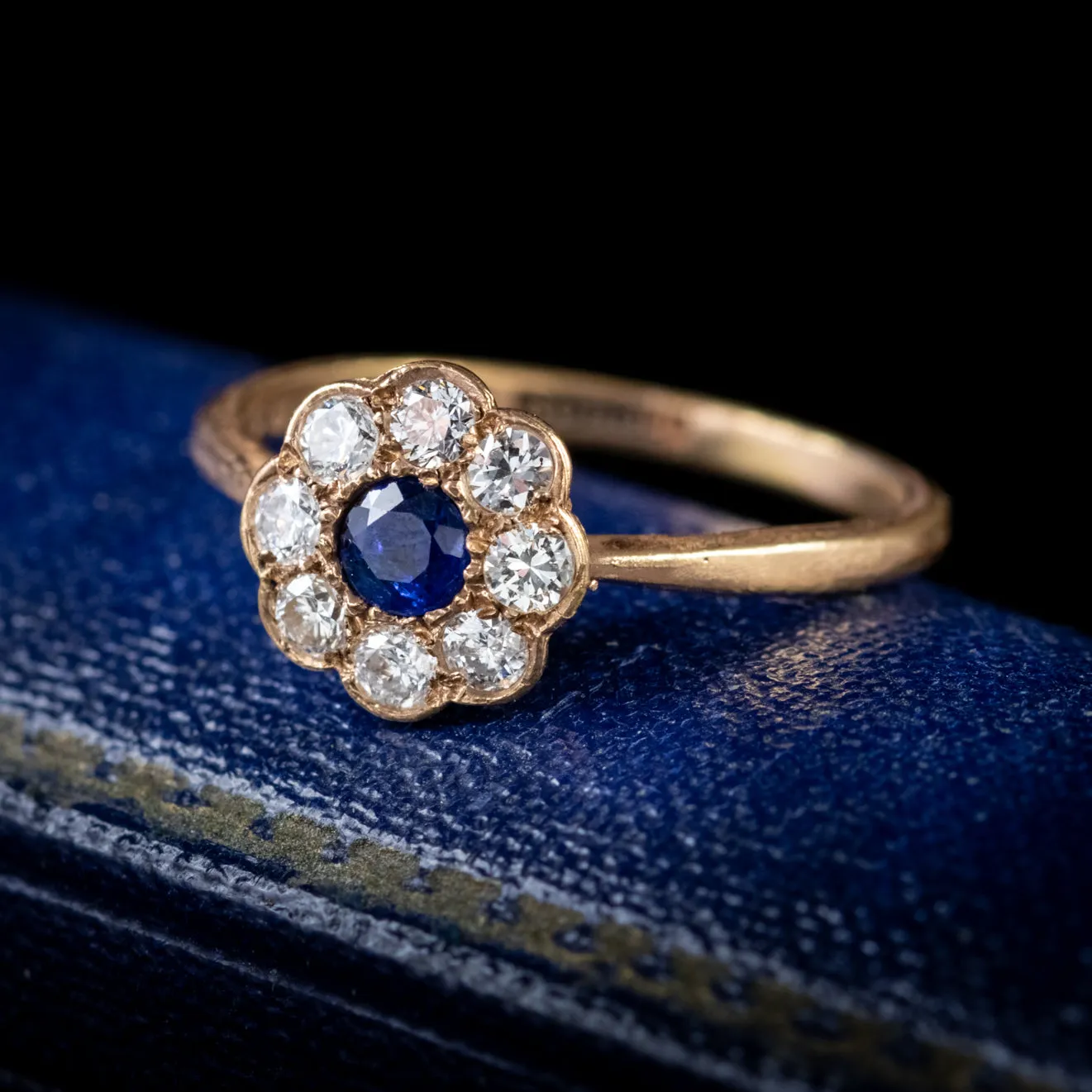 Antique Victorian Sapphire Diamond Cluster Ring 18Ct Yellow Gold Circa 1900