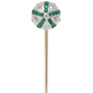 Art Deco 1.08 CTW Diamond Emerald Platinum 14K Gold Vintage Ball Stickpin