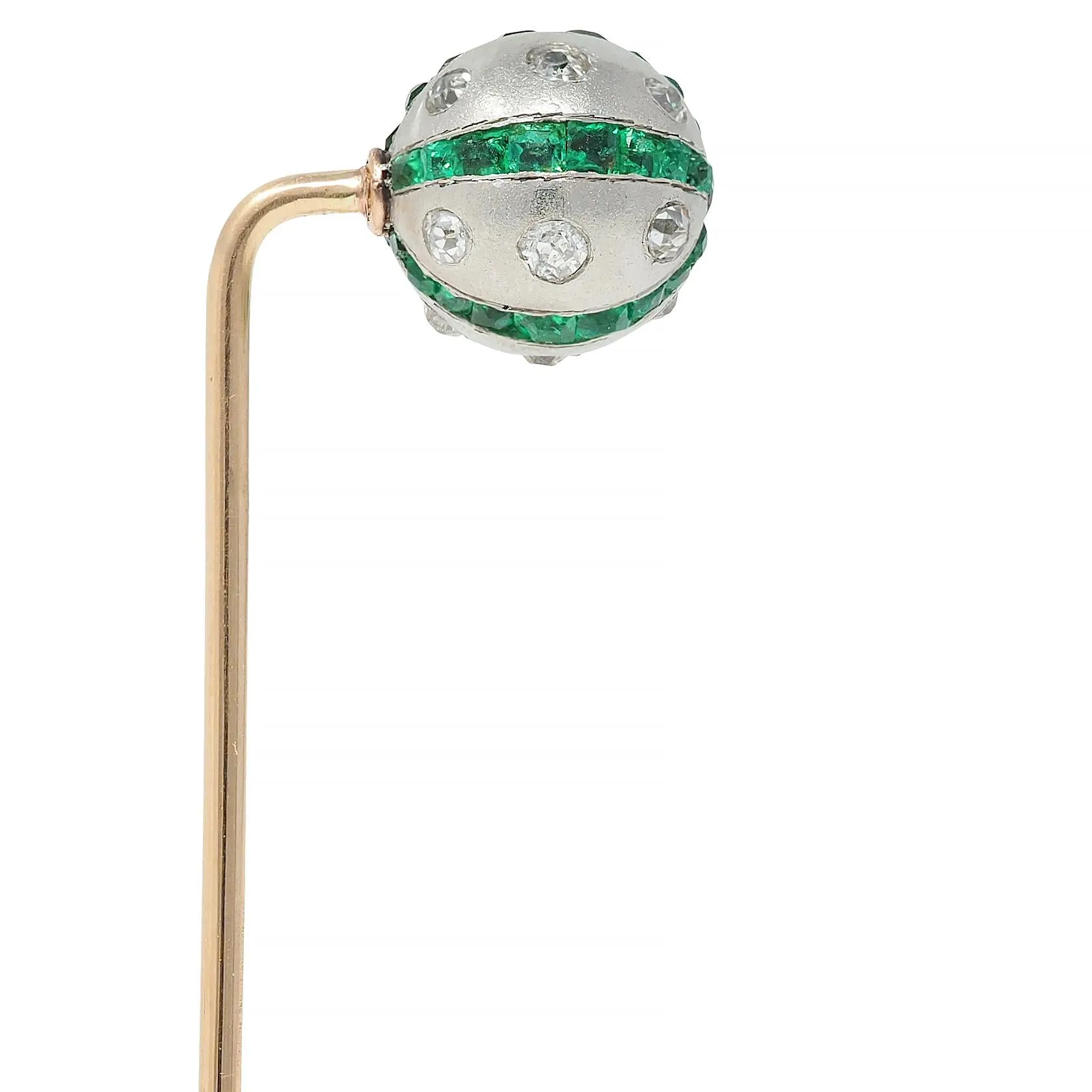 Art Deco 1.08 CTW Diamond Emerald Platinum 14K Gold Vintage Ball Stickpin