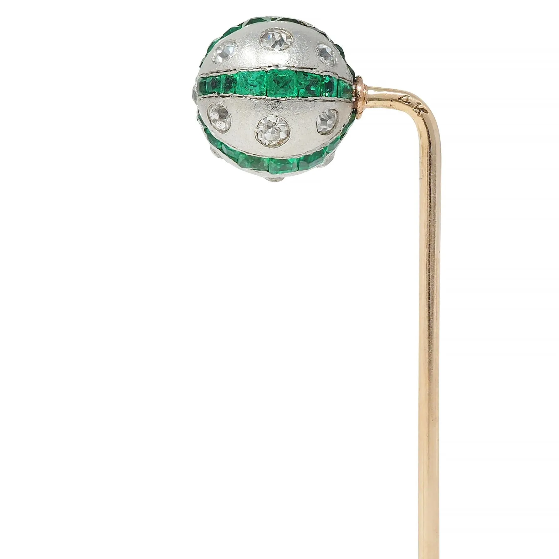 Art Deco 1.08 CTW Diamond Emerald Platinum 14K Gold Vintage Ball Stickpin