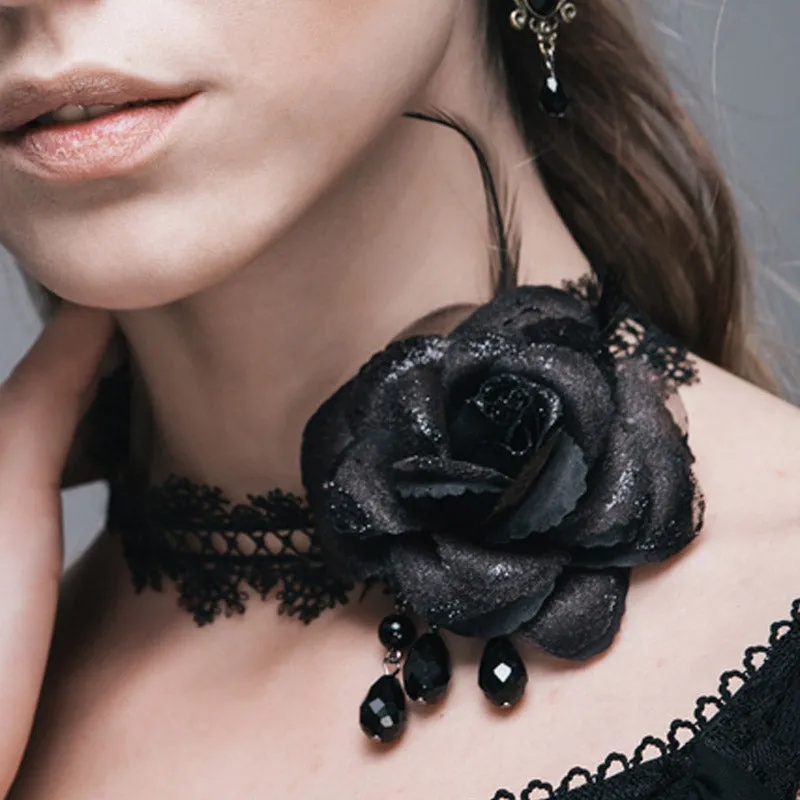 AS025 Gothic rose beaded sexy women hollow out lace necklace