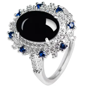 Black Jade Inlaid with Sapphire 925 Sterling Silver Resizable Ring