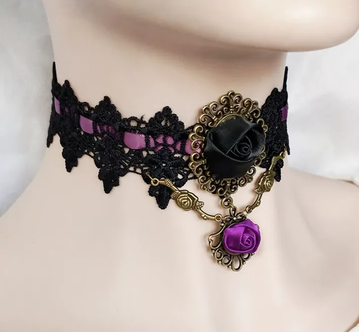 Black/Purple Vintage Style Floral Choker