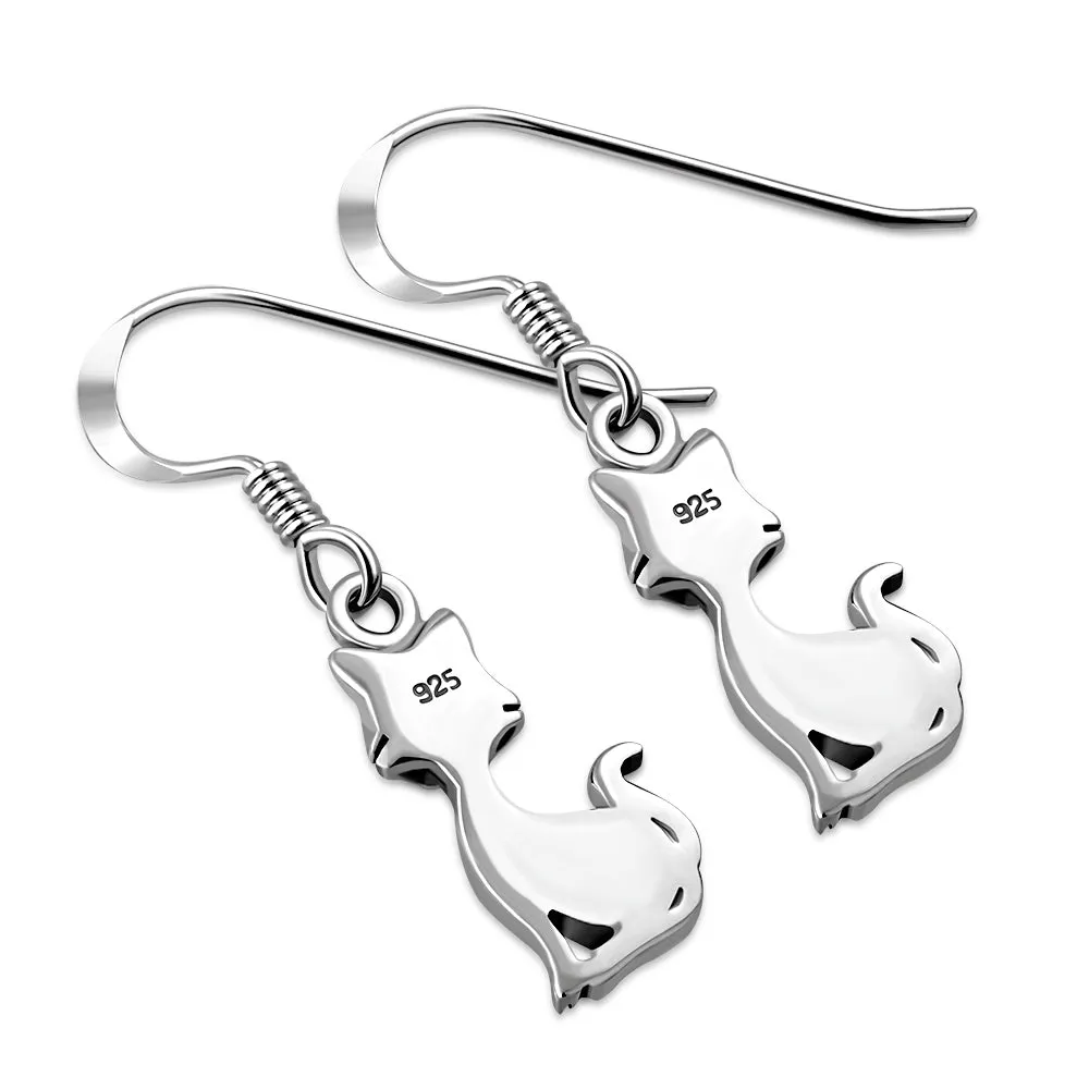 Cat Silver Earrings w Drop Shaped Mother of Pearl