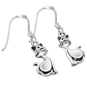 Cat Silver Earrings w Drop Shaped Mother of Pearl