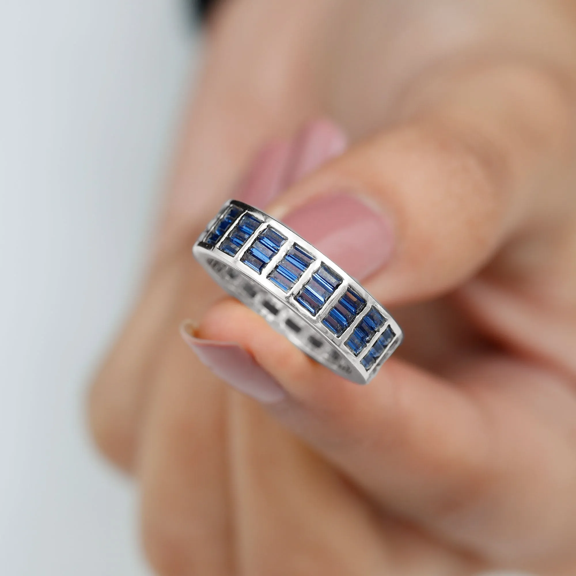 Channel Set Lab Grown Blue Sapphire Wide Eternity Band Ring