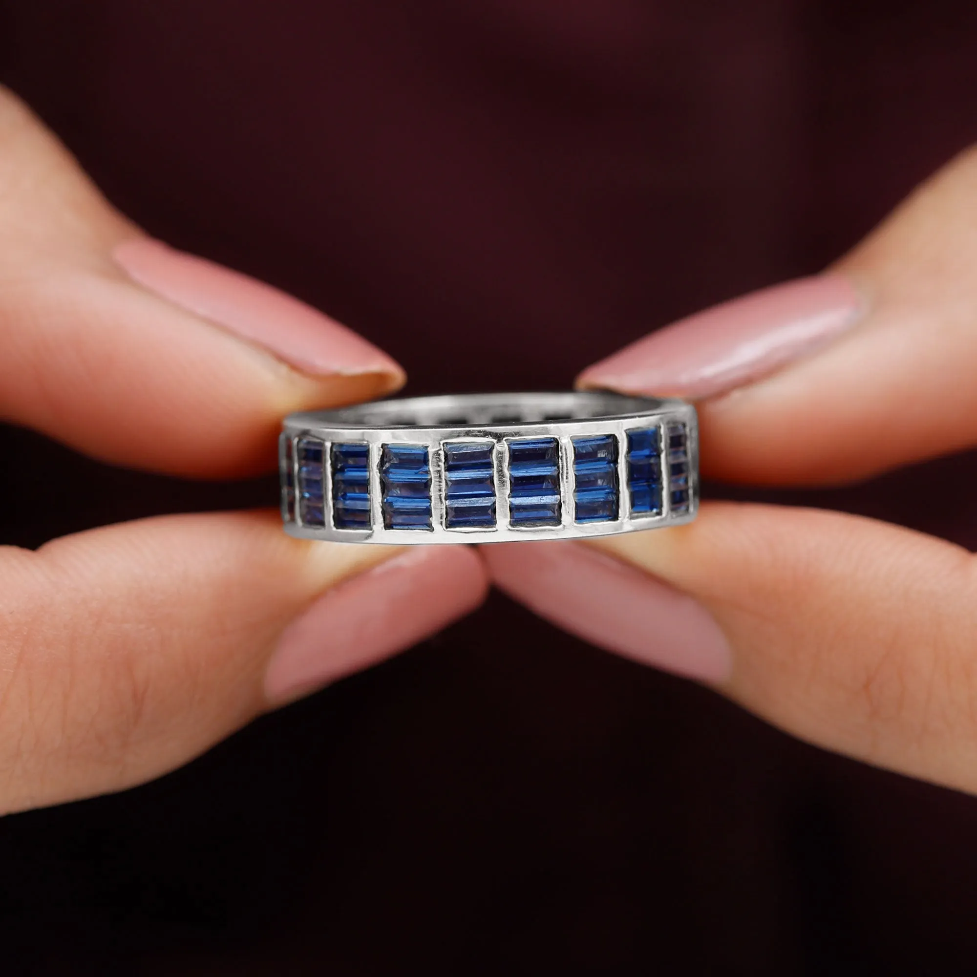 Channel Set Lab Grown Blue Sapphire Wide Eternity Band Ring