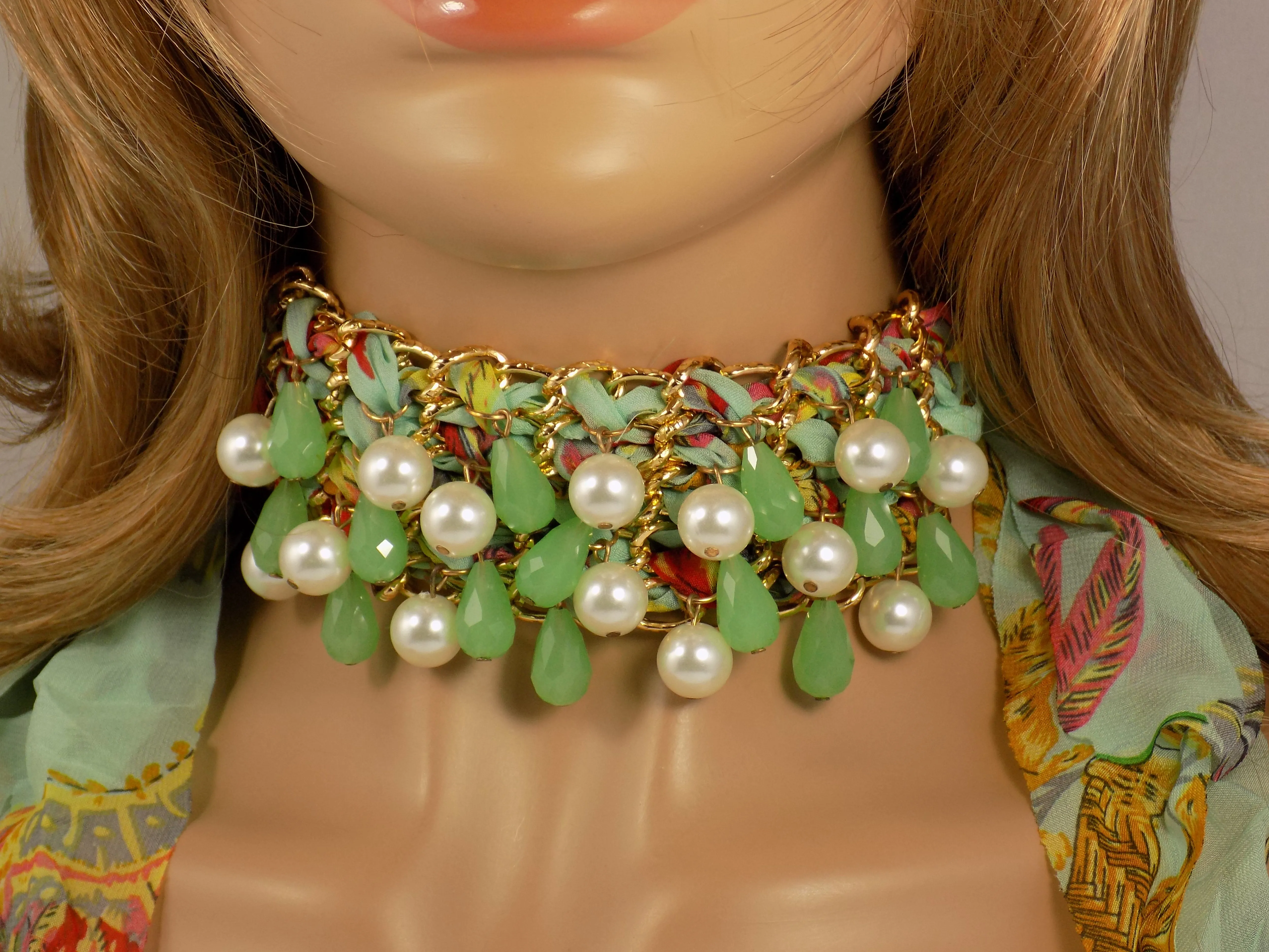 Choker Necklace with Beads Green Fabric Lace Exotic Fashion