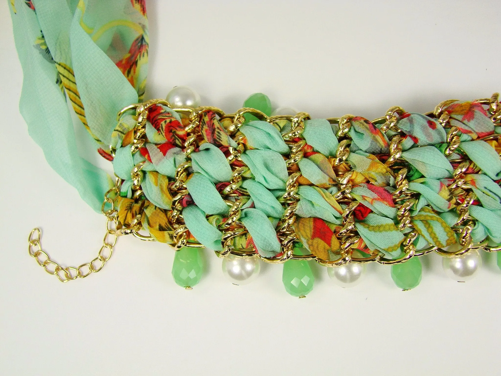 Choker Necklace with Beads Green Fabric Lace Exotic Fashion