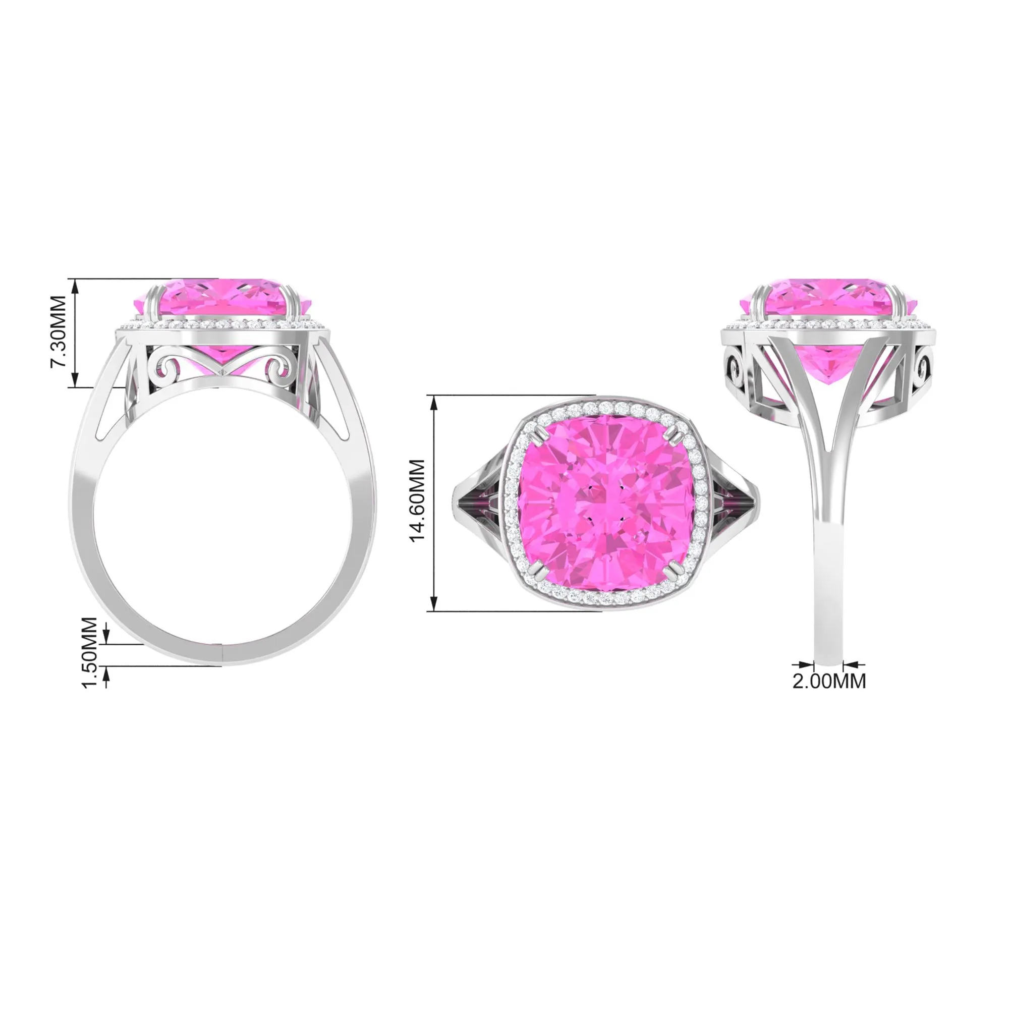 Cushion Cut Created Pink Sapphire Halo Cocktail Ring with Diamond