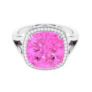 Cushion Cut Created Pink Sapphire Halo Cocktail Ring with Diamond